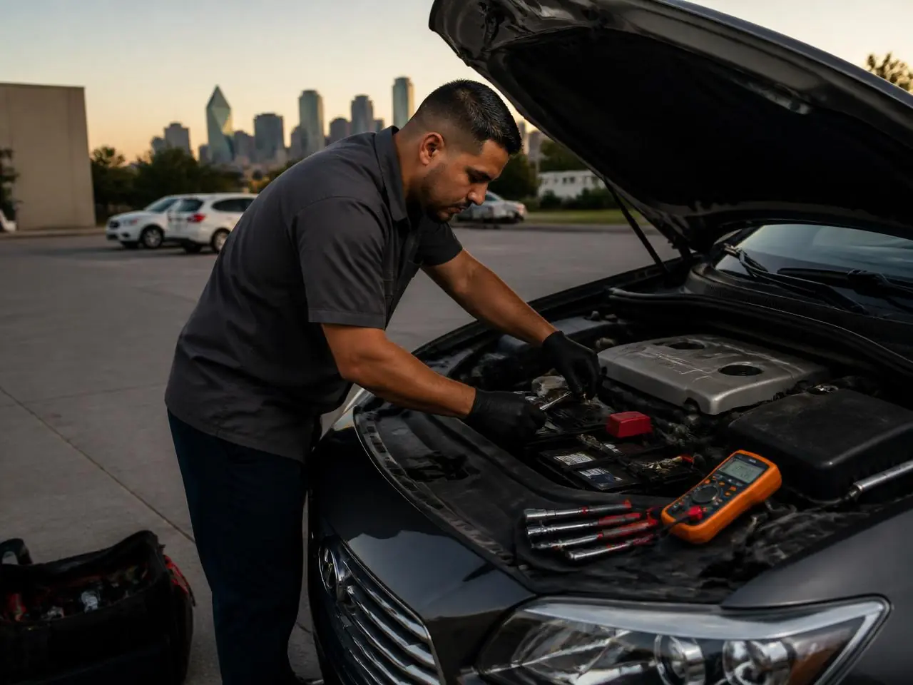AGM battery being installed in a luxury European vehicle during a mobile battery replacement in Dallas-Fort Worth.